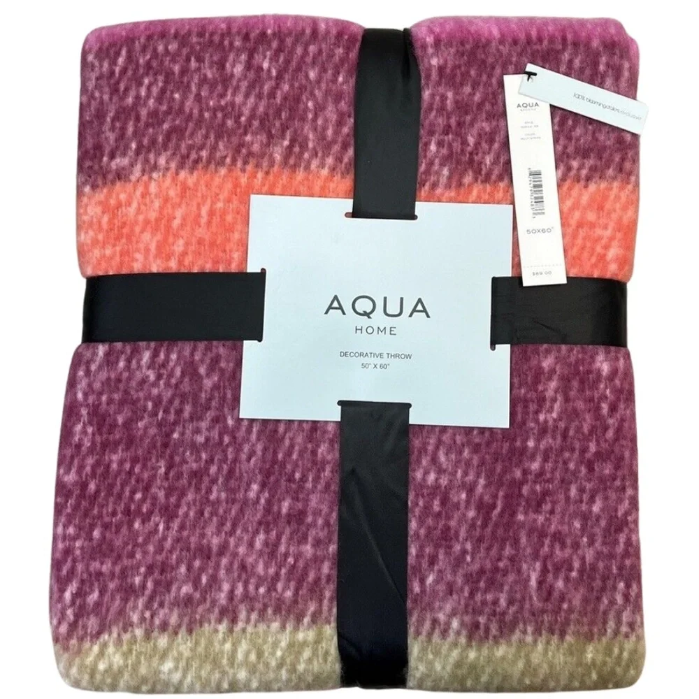 Aqua Faux Mohair Multi Colored Decorative Throw Blanket w/Fringe, 50” x 60”